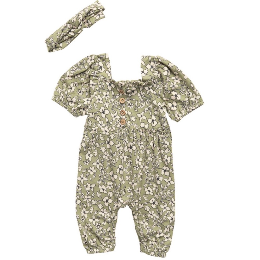 🌿🍃☁️NWT Jessica Simpson floral jumpsuit and headband Olive Green ☁️🍃🌿